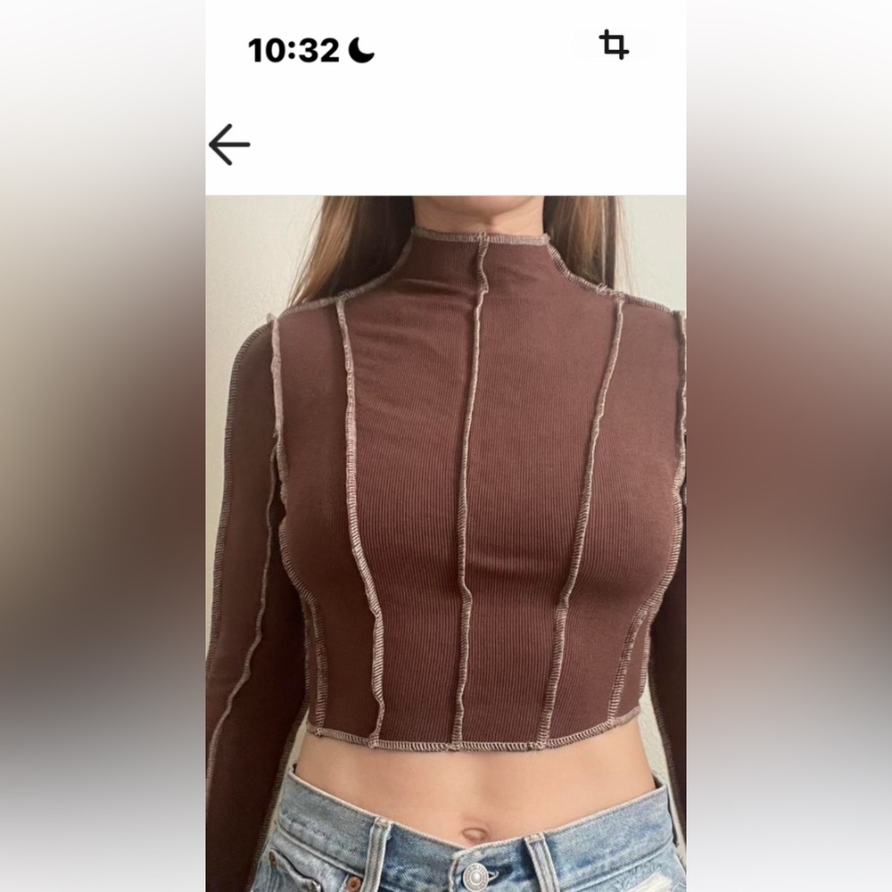Cropped Brown Long Sleeve Top with Stripes. Super stretchy and soft - Picture 1 of 9